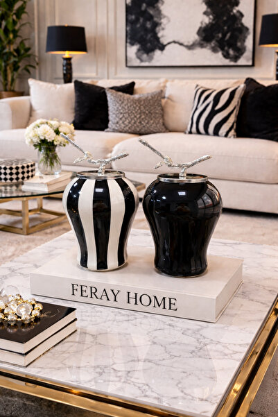 ferayhome Dekoratif Obje 2 li Şah Küp Siyah Dik Çizgi Şah Siyah Şah Dal Zamak...