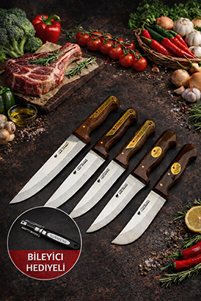 MT BIÇAK MAĞAZASI T-5 ÇUBUK ÇELİK CEVİZ KABZE 5'Lİ BIÇAK SETİ