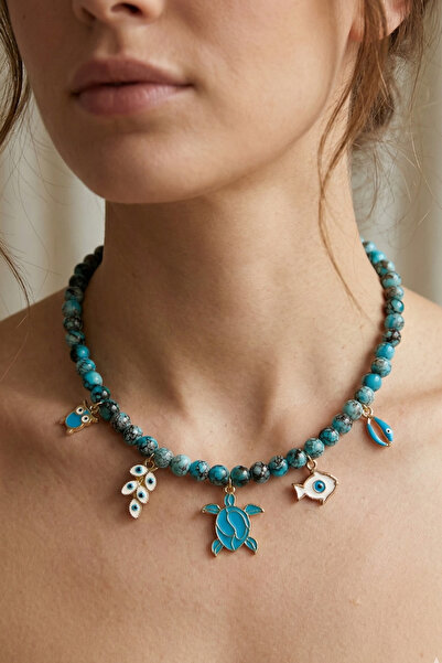 TURQUOISE ALACATI GLASS BEAD EYE CHARM NECKLACE