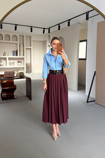 Sezgi Tekin Φούστα με διπλή ζώνη και λεπτομέρεια σκίσιμου, μπορντό, πλισέ