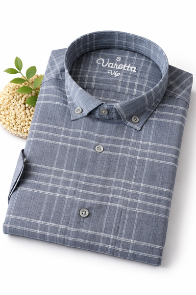 Varetta Ανδρικό ατσάλινο μπλε πουκάμισο με κοντό μανίκι, τσέπες και καρό βαμβ...
