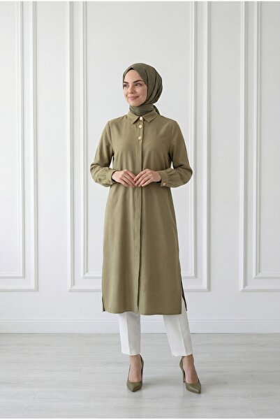 BENAHOLL Zemheri Διπλό Μεταλλικό Τούνικ με Κουμπιά και Σχισμή-GS531 Πράσινο Λαδί