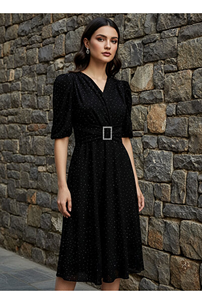 Moda Palmiss Γυναικείο μαύρο φόρεμα μίντι από κρεπ σκούμπα με λεπτομέρεια από...