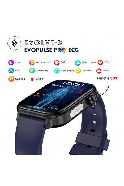 Evolve-x Ceas inteligent EvoPulse PRO, cu EKG, glucometru, monitorizare sanatate, apeluri si notificari