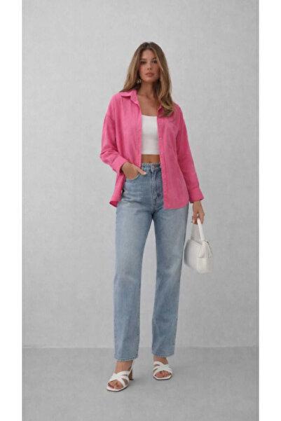 blackbonds Kadın Açık Pembe Oversize Pamuklu Rahat Tek Cepli Keten Gömlek – Y...