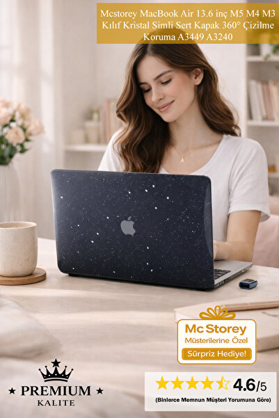 Mcstorey MacBook Air 13.6 inç M5 M4 M3 Kılıf Kristal Simli Sert Kapak 360° Çi...