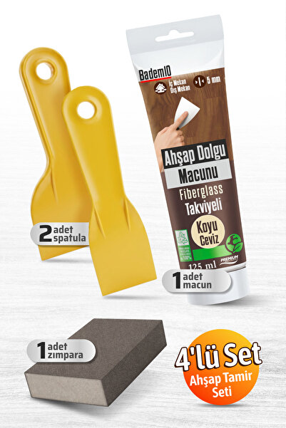 Badem10 Ahşap Tamir Seti Koyu Ceviz 200 gr Tamir Macunu 2 Adet Ispatula ve Kü...