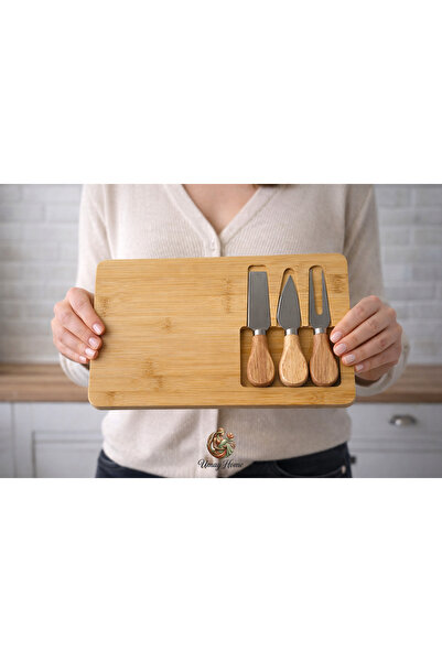 UMAY HOME 4 Parça Bambu Peynir Sunum Tahtası Ve Çatal - Spatula - Bıçak Seti,...