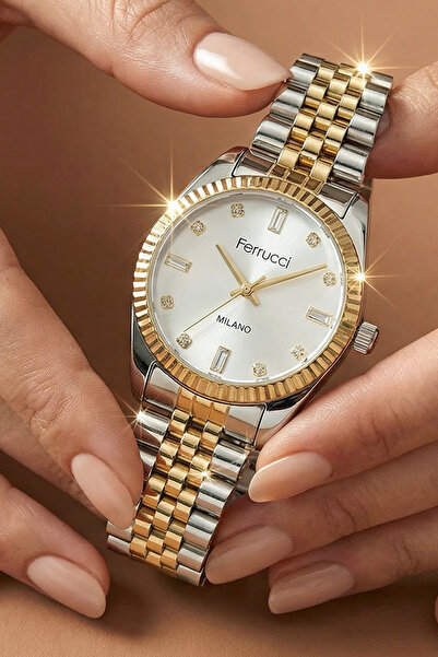 Ferrucci Bileklik Hediyeli Altın/Metalik Kadın Kol Saati 35 mm Baget Taşlı Çe...