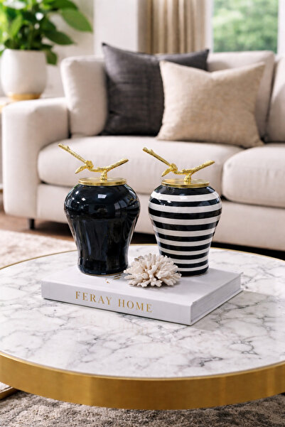 ferayhome Dekoratif Obje Şah Küp 2 li Gold Dal Zamaklı Siyah Klasik Zebra - F...