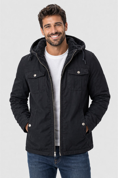 DYNAMO Men's Black Large Size Hooded Fur Lined Waterproof Coat