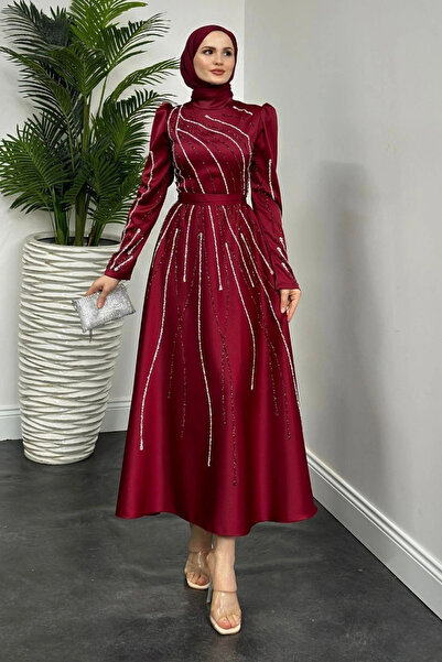 Tesettür Diyarı Helena Stone Belted Satin Hijab Βραδινό Φόρεμα- Μπορντό