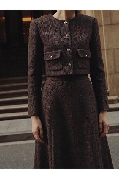 Juste Textured Crew Neck Button Detailed Jacket Brown