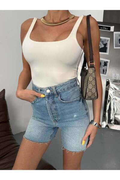 HerTon Γυναικείο ψηλόμεσο σκισμένο τζιν σορτς βερμούδα με λεπτομέρειες