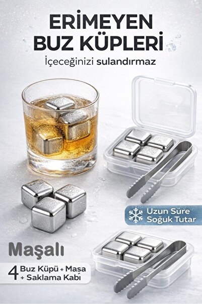 Kitchen Beauty 4 Adet Paslanmaz Çelik Buz Kalıbı Viski Soğutma Taşı Maşalı Ye...