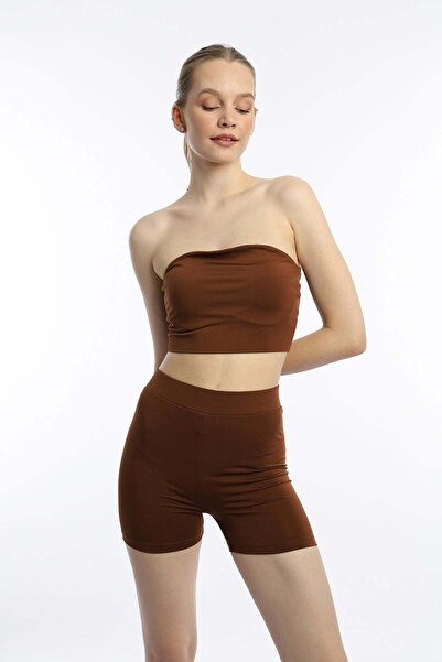 QUHOX Καφέ Allegro Υφασμάτινο Crop Top χωρίς λουράκι - Γυναικείο