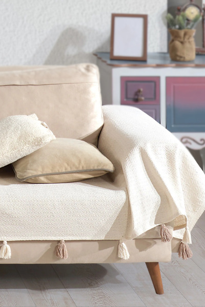 Lux Touch Pera Ecru Φούντα Κάλυμμα Μπράτσων Κάλυμμα Καναπέ 300x110 cm 3m Υπερ...