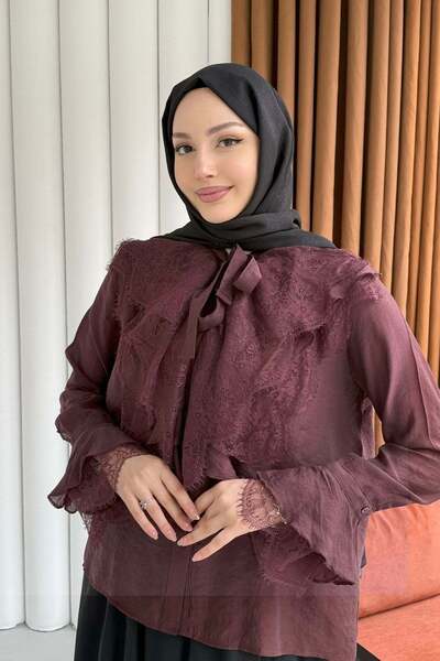 Modaensarbutik Yaka Ve Kol Dantel Fırfır Detay Gömlek-BORDO