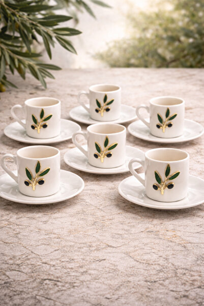 YzHome 6 Kişilik 12 Parça Beyaz Porselen Zeytin Dalı Kahve Fincan Takımı Seti...