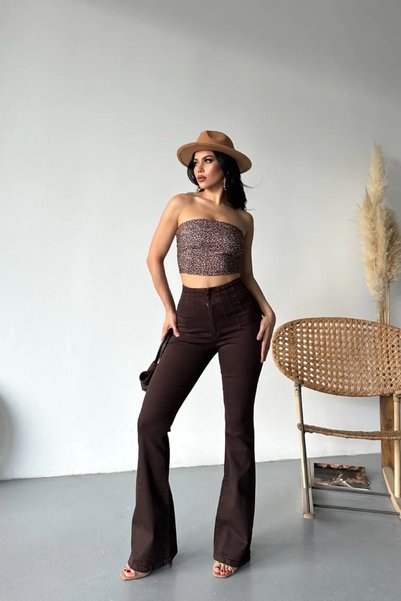 Coşkun GİYİM Women's Pensli Flared Jeans Trousers Brown 7021-78