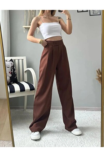 THIFF GYMWEAR Ženske palazzo pantalone od likre sa čičak zatvaračem, smeđe, š...
