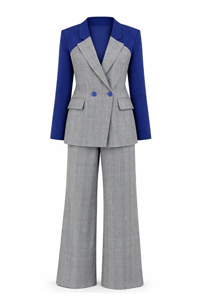 nowglamup Modern Cut Plaid Navy Blue Suit