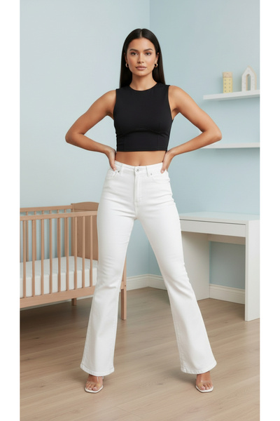 comfort jeans Γυναικείο Λευκό Ισπανικό Τζιν Παντελόνι με Ελαστική Λύκρα και Ψ...