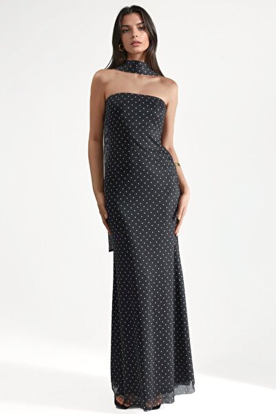 Hiccup Μάξι φόρεμα με σχέδιο πουά και λεπτομέρεια με φουλάρι, χωρίς τιράντες