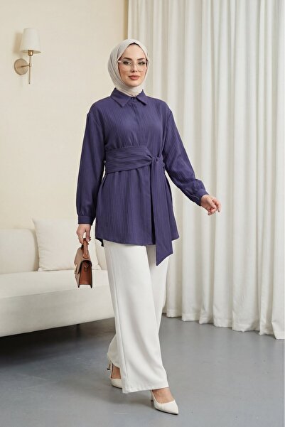 HİJABAYA Fitted Crinkle Shirt with Tie Waist