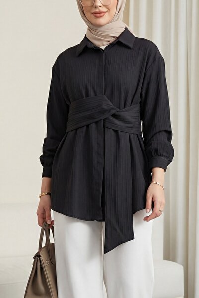 HİJABAYA Fitted Crinkle Shirt with Tie Waist