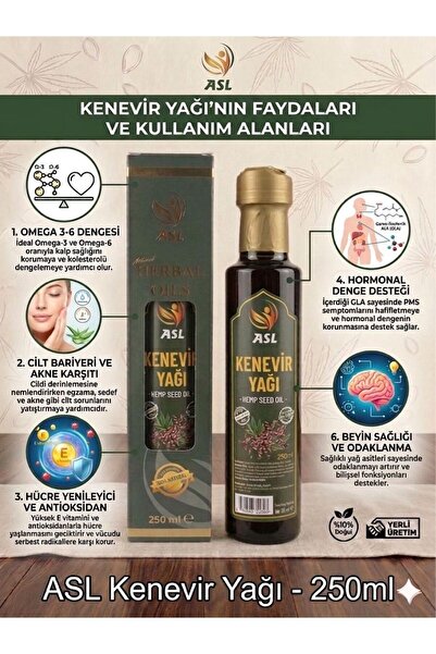 ASL Kenevir Yağı 250 ml | %100 Soğuk Sıkım | KENDİR | Katkısız | Cam Şişe | İ...