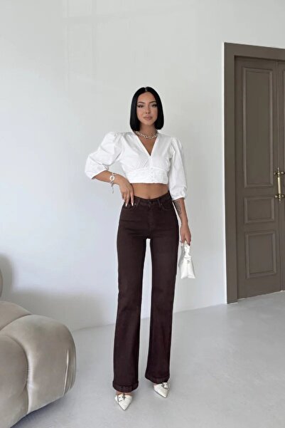 Coşkun GİYİM Γυναικείο τζιν παντελόνι με ραφές στο ψηλόμεσο μέρος και χαλαρό ...