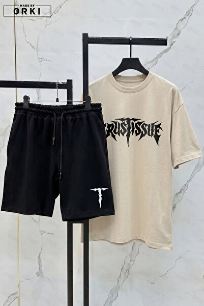 EFFRENATU Set de tricou bej și pantaloni scurți negri pentru bărbați, din țes...