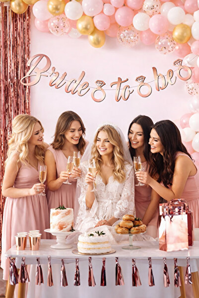 Parti dolabı Rose Gold Renkli Bride To Be Kaligrafi Yazılı Yüzük Detaylı Bekarlığa Veda Partisi Konsept Banner