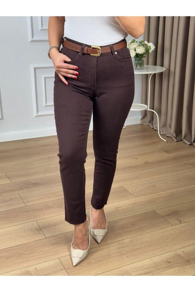 Coşkun GİYİM بنطلون جينز نسائي حافة غير مكتملة موديل Mom Fit بني 764-78