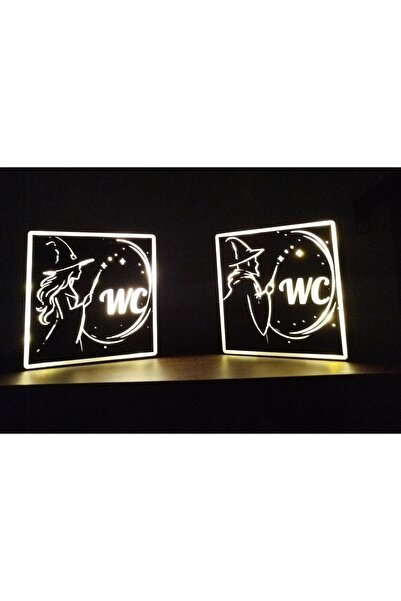 AtölyeKekik Dekoratif LED Işıklı WC Tabelası 2’li Set – 15x15x3 cm Pilli Işık...