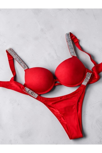 SATTENS Supportive Stone-Embellished Red Bra Set, Top and Bottom Set