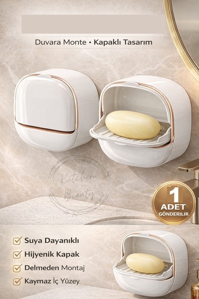 Kitchen Beauty Yapışkanlı Hazneli Kapaklı Katı Sabunluk Kendinden Boşaltmalı ...