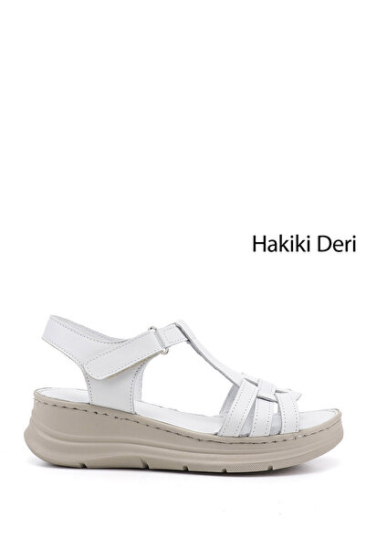 GÖNDERİ(R) Women's White Velcro Strap Wedge Heel Genuine Leather Sandals