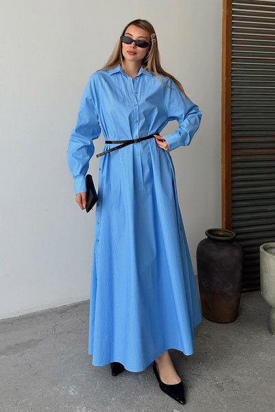 Olcay Loose Poplin Dress with Button Detail on the Sides A. Blue-White 9316-E