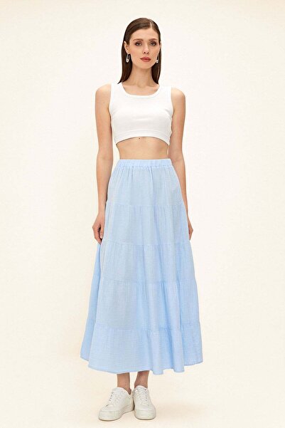 Olcay Geraffter, detaillierter langer Musselinkleidrock BLAU 7062