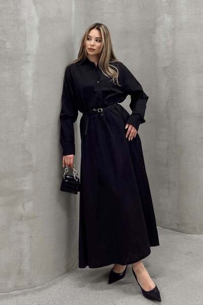 Olcay Volné popelínové šaty s bočním detailem knoflíku ČERNÁ 9316-E