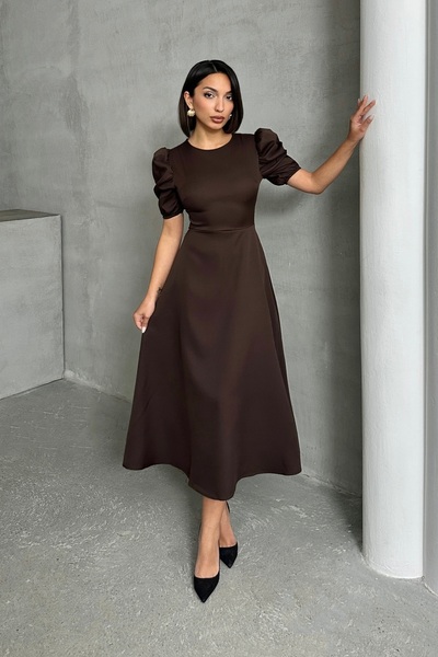 BEJNA Γυναικείο φόρεμα με μανίκια καρπούζι σε καφέ χρώμα