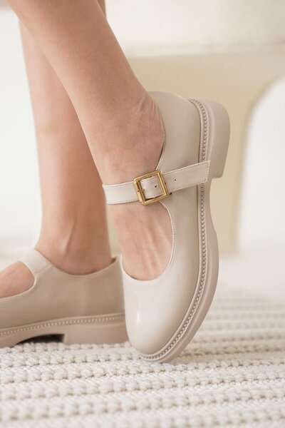 Generic Brand Beige Patent Leather Buckle Detailed Mary Jane Shoes Tr09Ms01B
