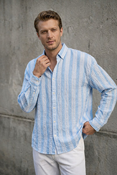 İLKCET MODA Thick Blue Striped Wrinkle Effect Men's Shirt
