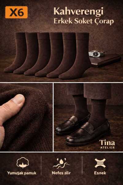 Tina atelier 6 Çift Pamuklu Düz Erkek Soket Çorap Acı Kahve Seti