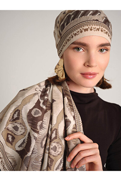 Ayshara Σάλι μονής όψης Glazed Motifs Με έθνικ μοτίβο - Κρέμα καφέ