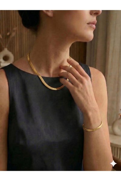 Zaman Kutusu Women's Black Wallet and Gold Color Herringbone Necklace-Bracelet Set, Vegan Leather , with Hand Band, Gift
