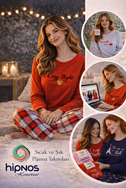 Hipnos Cozy Night Printed Long Sleeve Red Pajama Set Plaid Patterned Comforta...