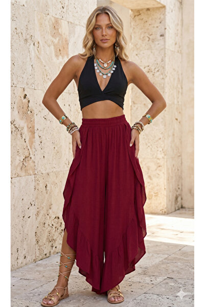 Pasaklı Giyim Γυναικείο μπορντό αυθεντικό ελαστικό ελαστικό στη μέση Με βαθύ ...